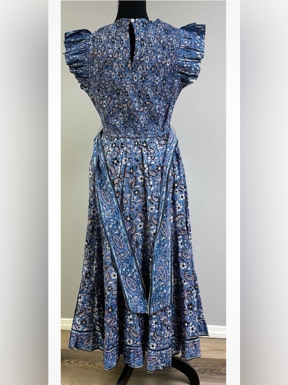 Cleobella Autumn Midi Dress Blue Paisley Floral Flutter Sleeve Smocked Size M - Picture 8 of 14